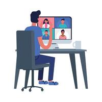 Man with computer and people avatars on screen in chat design vector