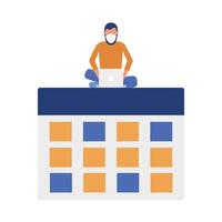 Man with medical mask laptop and calendar design vector