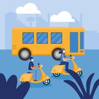 Woman and man with medical mask on motorcycle and bus design vector