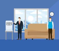 Office distancing between men with masks in room design vector