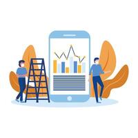men with masks ladder and infographic on smartphone design vector
