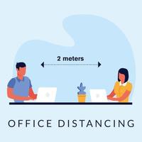 Office distancing between man and woman with laptops vector design