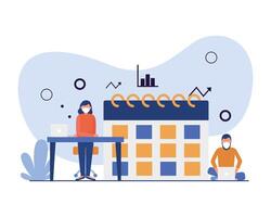 Woman and man with masks table and calendar design vector