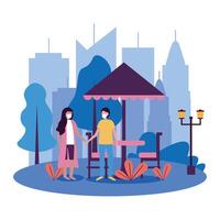 Woman and man with masks at park with table design vector