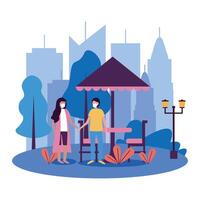 Woman and man with masks at park with table vector design