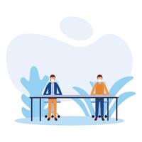 Office distancing between men with masks on table vector design