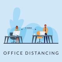 Office distancing between man and woman with masks vector