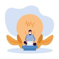 Woman with mask laptop and light bulb vector design