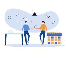 men with masks calendar and table design vector