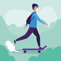 Man with medical mask on skateboard vector design