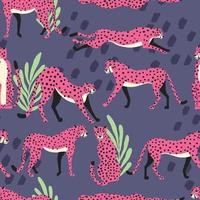 Seamless pattern with hand drawn exotic big cat pink cheetahs vector