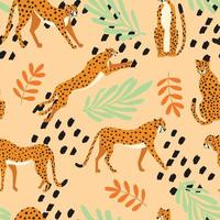 Seamless pattern with hand drawn exotic big cat cheetahs with tropical plants vector