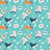 Seamless pattern with roller skates and cassette tapes vector