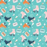 Seamless pattern with roller skates and cassette tapes vector