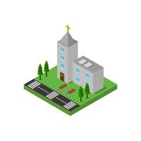 Iglesia isométrica ilustrada en vector sobre fondo blanco.