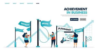 Achievement and goals in business and company development. Progress process in increase business, corporate career, company. Flag for goals achieved . Illustration for website, mobile app, poster vector