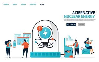 Nuclear alternative energy for electricity. Green energy for better future. Laboratory or lab for scientists to research data charging lithium battery. Human illustration for website, mobile, poster vector