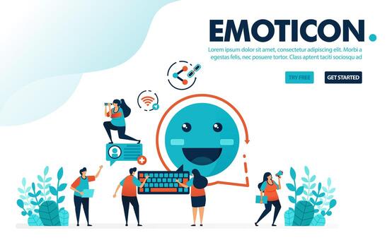 mensaje de emoticon de ilustración vectorial. la gente comparte mensajes con emoticonos sonrientes. Internet para comunicarse y compartir enlaces. diseñado para página de destino, web, banner, aplicaciones móviles, plantilla, folleto, cartel vector