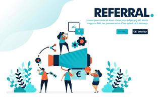 Vector illustration referral program. People join referral programs for marketing and promotion. Refer a friend with megaphone. Designed for landing page, web, banner, mobile, template, flyer, poster