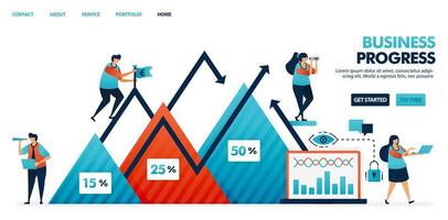 Informe del paso de avance en el plan de estrategia empresarial y empresarial. gráfico en los negocios. los beneficios de la empresa en un gráfico triangular. crecimiento y desarrollo de la empresa. Ilustración humana para sitio web, móvil, póster. vector