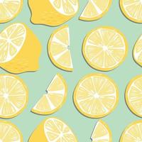 Fruit seamless pattern, lemon slices and halves on mint green background vector