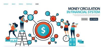 Circulación de dinero en el sistema financiero en la banca moderna. red financiera en países y bancos. sistema de crédito y préstamo de bancos a empresas. Ilustración para sitio web, aplicaciones móviles, póster. vector