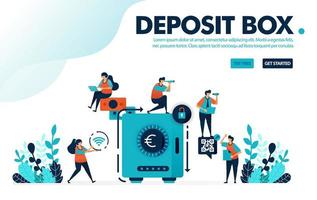 Vector illustration concept of safe deposit box. People secure and save money in banks, save and invest with banking. Designed for landing page, web, ui, banner, template, background, flyer, poster