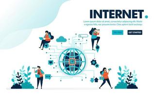 ilustración vectorial internet de las cosas. la gente usa internet iot para actividades sociales. trabajo de comunicación y juego con internet. diseñado para landing page, web, banner, template, flyer, poster vector