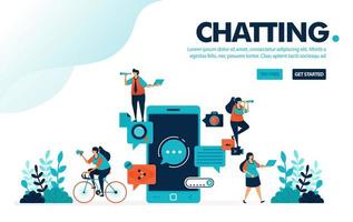 aplicaciones de chat de ilustración vectorial. personas chateando con la aplicación móvil. aplicaciones de chat para comunicarse, enviar y recibir mensajes. diseñado para página de destino, web, banner, plantilla, flyer, poster, ui vector