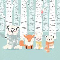 Merry Christmas postcard with bears, fox and rabbit in the forest vector