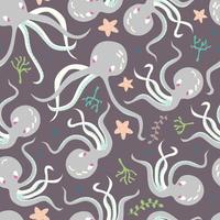 Seamless pattern with underwater ocean animals, cute octopus and starfish vector