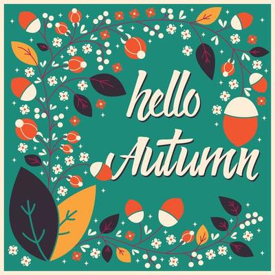 Autumn card design with floral frame and typography message