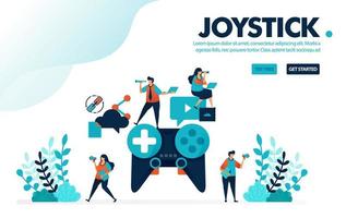 Vector illustration analog joystick. People playing games on giant joystick. Teamwork and collaboration in completing game. Designed for landing page, web, banner, template, background, flyer, poster