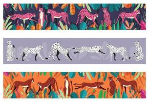 Collection of cute hand drawn cheetahs on horizontal background vector