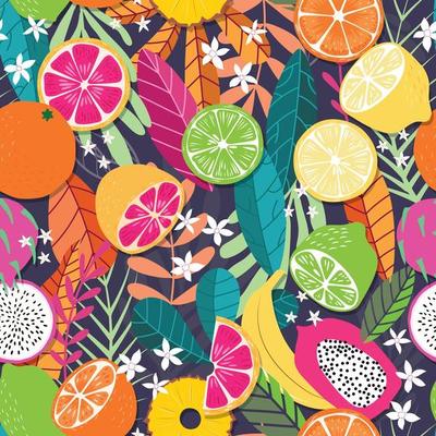 Fruit seamless pattern, collection of exotic tropical fruits with plants and flowers