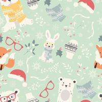 patrones sin fisuras de feliz navidad con lindos animales polares, osos, conejos, vector