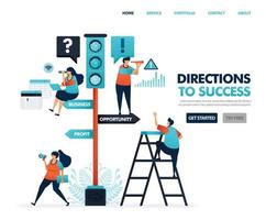 dirección para el éxito profesional y empresarial. señales de tráfico. advertencias e instrucciones. desarrollar negocios y ver señales de oportunidades de lucro. Ilustración para sitio web, aplicación móvil, póster. vector