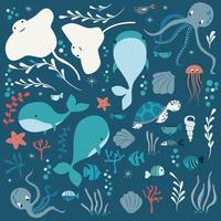 Collection of colorful sea and ocean animals, whale, octopus, stingray vector