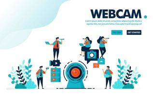 ilustración vectorial cámara de webcam. personas graban usando una cámara web para transmisiones en vivo o seminarios web. contenido de video de redes sociales para vlog. diseñado para landing page, web, banner, template, flyer, poster vector