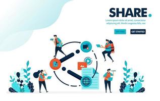 Vector illustration share. People share link, video, document and content on social media. Share useful information to friend. Designed for landing page, web, banner, mobile, template, flyer, poster