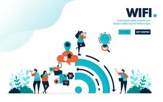 ilustración vectorial internet y wifi. la gente usa wifi para actividades y redes sociales. Big Data del historial de uso de Internet. diseñado para página de destino, web, banner, móvil, plantilla, folleto, cartel vector