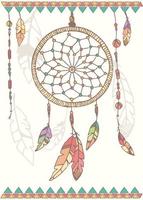 Hand drawn native american dream catcher, beads and feathers vector