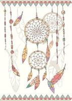 Hand drawn native american dream catcher, beads and feathers vector