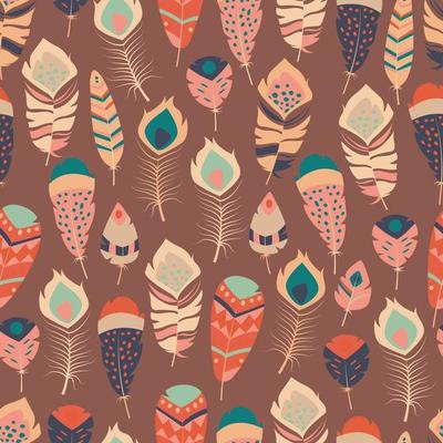 Seamless pattern with boho vintage tribal ethnic colorful vibrant feathers