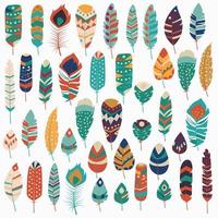 Collection of boho vintage tribal ethnic hand drawn colorful feathers vector