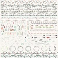 Hand drawn vintage leaves, arrows, feathers, wreaths, element set vector