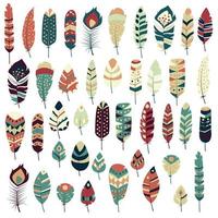 Collection of boho vintage tribal ethnic hand drawn colorful feathers vector