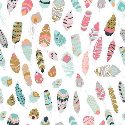 Seamless pattern with boho vintage tribal ethnic colorful vibrant feathers