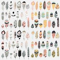 Collection of boho vintage tribal ethnic hand drawn colorful feathers vector