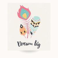Postcard design with inspirational quote and bohemian colorful feathers vector